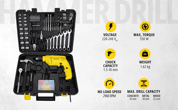 Stanley, Stanley SDH550, SDH550 Hammer Drill, Stanley 10mm Drill, 10mm Hammer Drill, 550W Hammer Drill, 550W Impact Drill, Stanley Impact Drill, Corded Hammer Drill, 10mm Impact Drill, Electric Hammer Drill, Masonry Drill, Wood Drill, Metal Drill, Construction Drill, Power Drill Machine, Hammer Drill Machine, Two Mode Drill, Forward Reverse Drill, Metal Chuck Drill, Lock On Drill, Professional Drill Machine, Workshop Drill, Stanley Power Tools