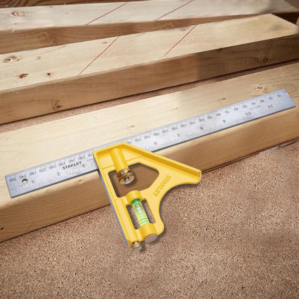 Stanley combination square, 2-46-028, 12 inch combination square, 300mm combination square, Stanley square, diecast combination square, carpenter square, woodworking square, measuring square, layout square, spirit level square, rafter measuring tool, carpentry measuring tool