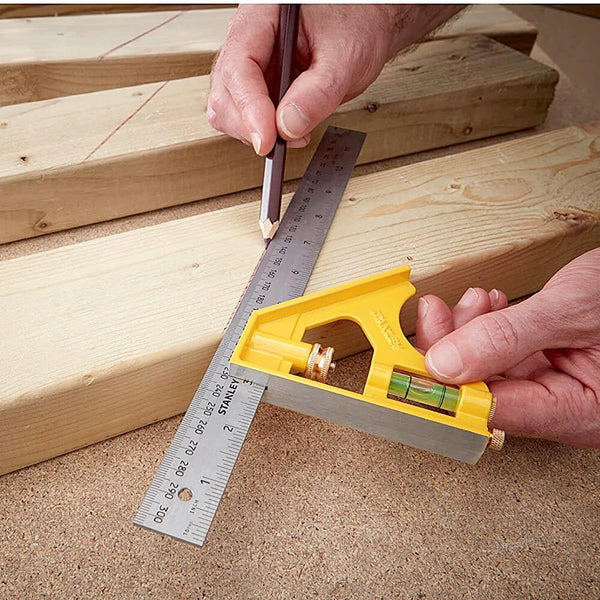 Stanley combination square, 2-46-028, 12 inch combination square, 300mm combination square, Stanley square, diecast combination square, carpenter square, woodworking square, measuring square, layout square, spirit level square, rafter measuring tool, carpentry measuring tool