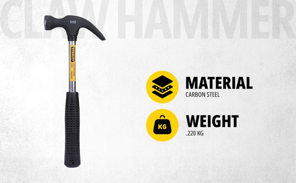 Stanley 220gm (8Inch) Claw Hammer Steel Shaft 51-152 | Carpentry, Woodworking, Construction, DIY & Maintenance Applications