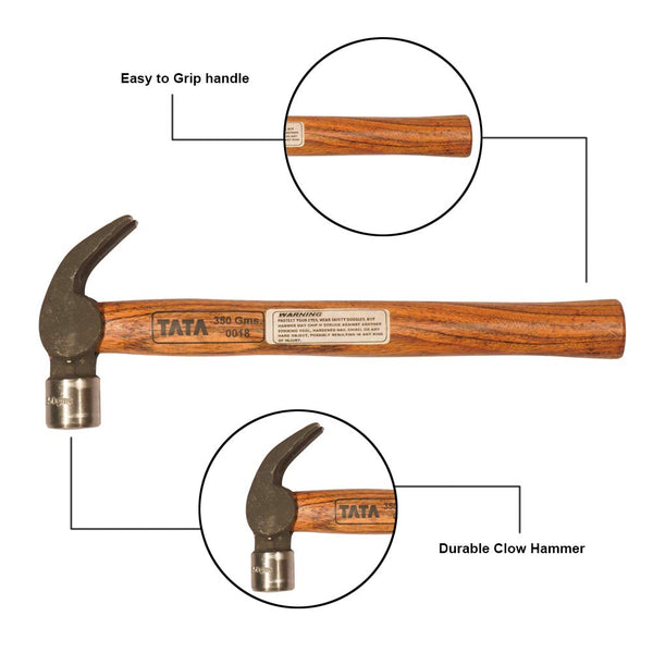 TATA Claw Hammer with Wooden Handle 450gms HMC006 | Hardened & Tempered EN-9 Steel Hammer