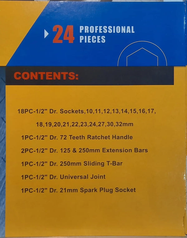 TATA SCS001 24Pcs Socket Set | 1/2 Inch Square Drive | Professional Ratchet Socket Tool Kit