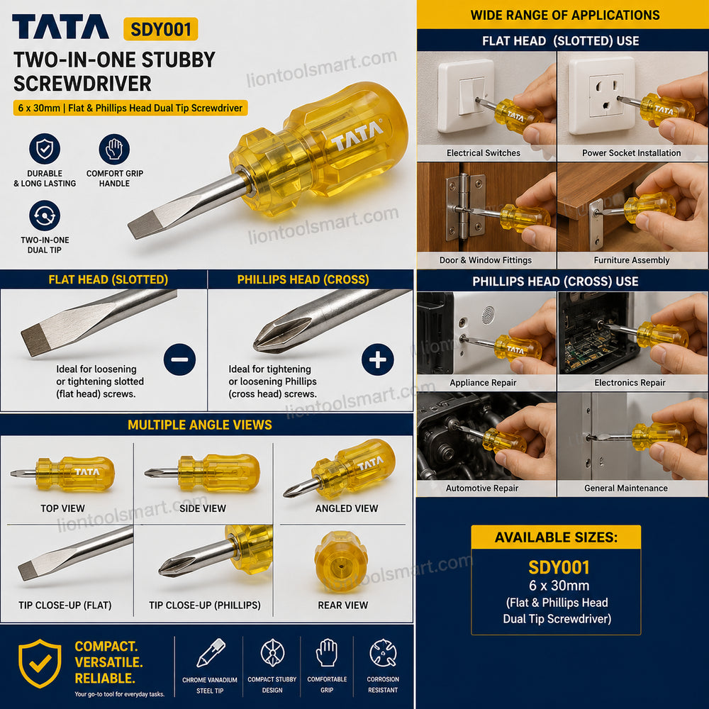 TATA Two-In-One Stubby Screwdriver 6 x 30mm SDY001 | Flat & Phillips Head Dual Tip Screwdriver