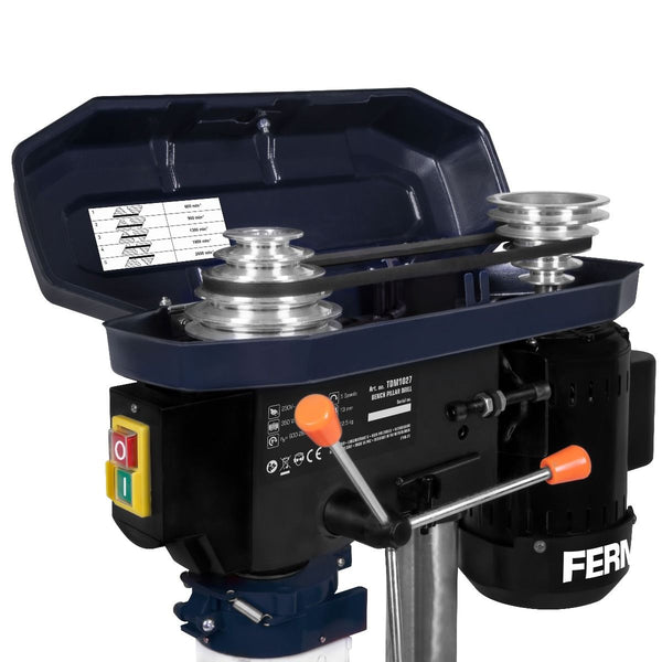 Black and silver drill press with visible brand name on a white background