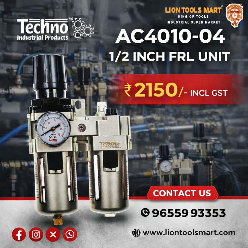 Techno AC4010-04 Pneumatic 1/2 Inch FRL Unit (Filter, Regulator, Lubricator) with Gauge & Metal Guard