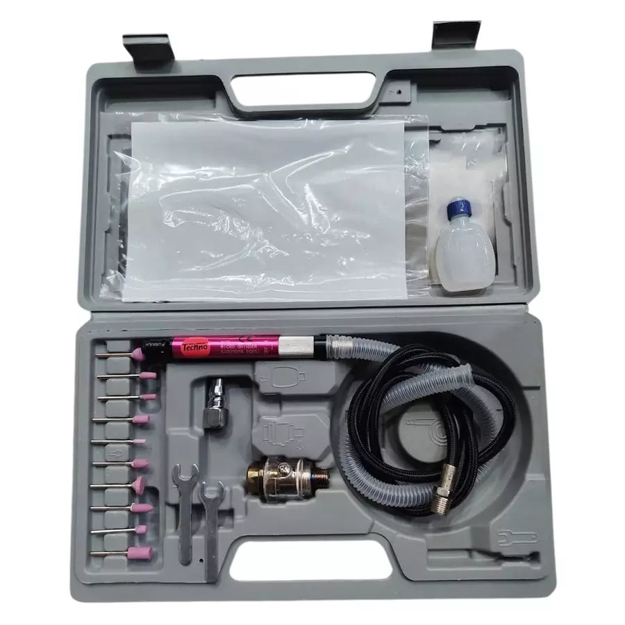 Techno 3mm 1/8 Inch Micro Air Die Grinder Kit AT3170K | 54000 RPM Pneumatic High-Speed Grinder with Round Housing, 1/4 Inch Air Inlet & 3/8 Inch Hose for Grinding, Polishing, Deburring, Engraving & Precision Applications
