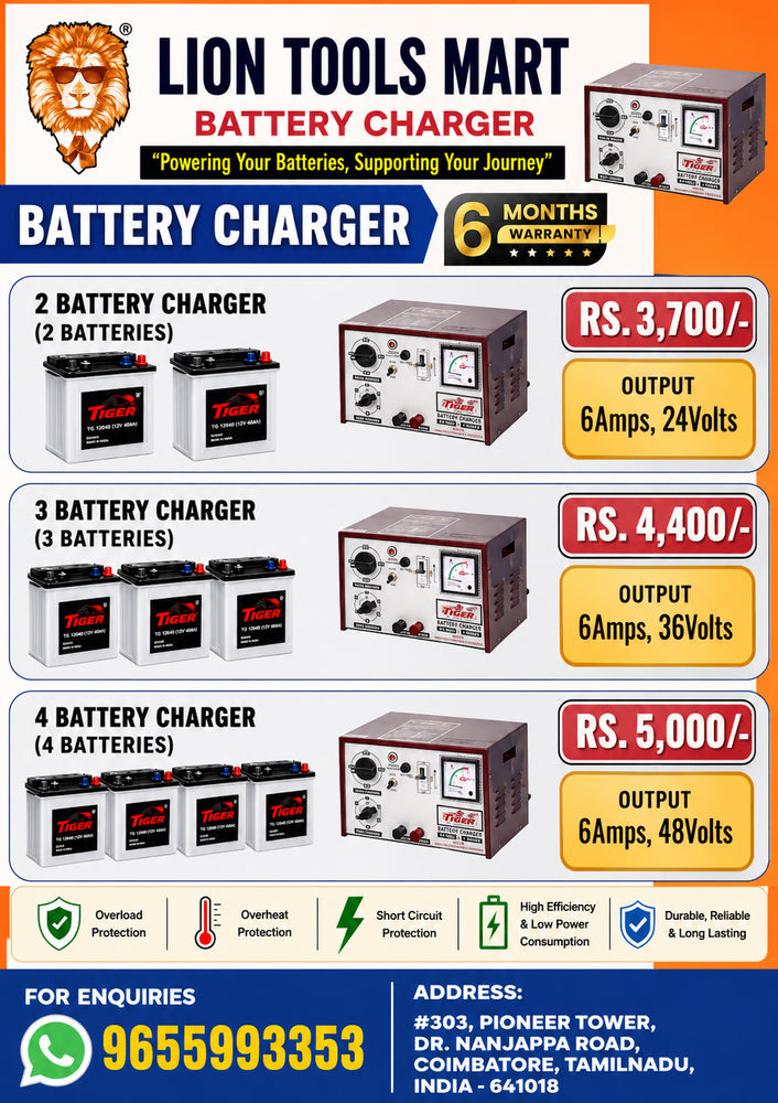 Tiger Battery Charger 6A – 24V / 36V / 48V Battery Charger | 2, 3 & 4 Battery Models | 6 Months Warranty