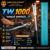 Lion Tools Mart TW1000 Torque Wrench advertisement showing the torque wrench, its teal carrying case, and a mechanic using the tool on an engine. Features product specs, icons, and contact information.