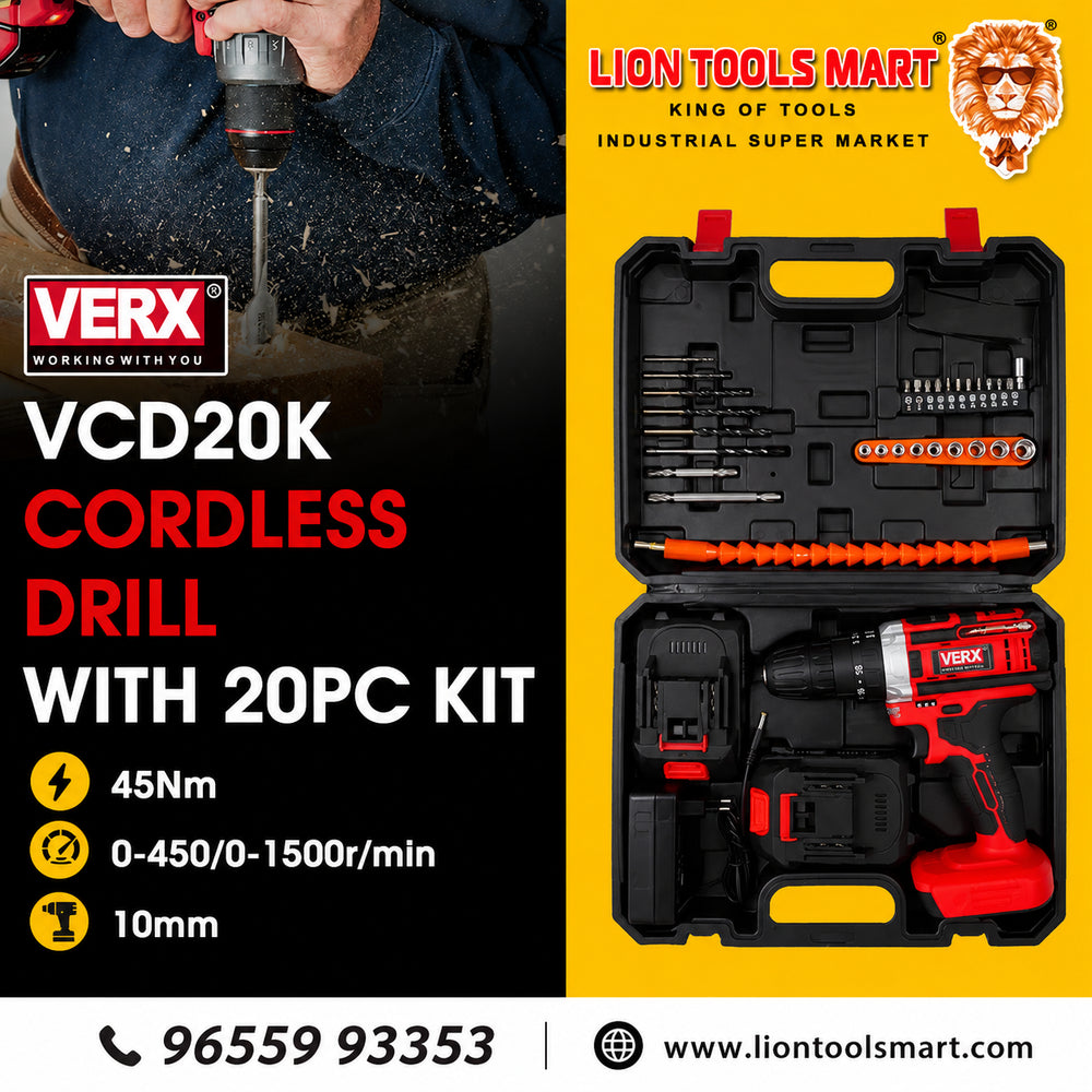 VERX VCD 20K 20V Cordless Drill Kit (45Nm Torque, 10mm Chuck)