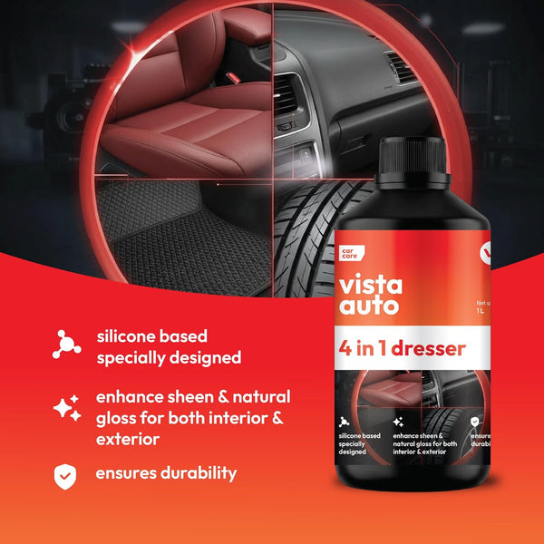 Vista, Vista 4 in 1 Dresser, 1000ml Dresser, 4 in 1 Dresser, Car Dresser, Automotive Dresser, Car Dashboard Dresser, Dashboard Polish, Dashboard Shiner, Plastic Dresser, Plastic Shiner, Vinyl Dresser, Rubber Dresser, Tyre Dresser, Tyre Shiner, Car Tyre Polish, Automotive Dressing, Car Detailing Product, Car Care Product, Vehicle Shine Product, Car Wash Products, Car Interior Care, Automotive Surface Dressing, Car Polish, Professional Car Dresser