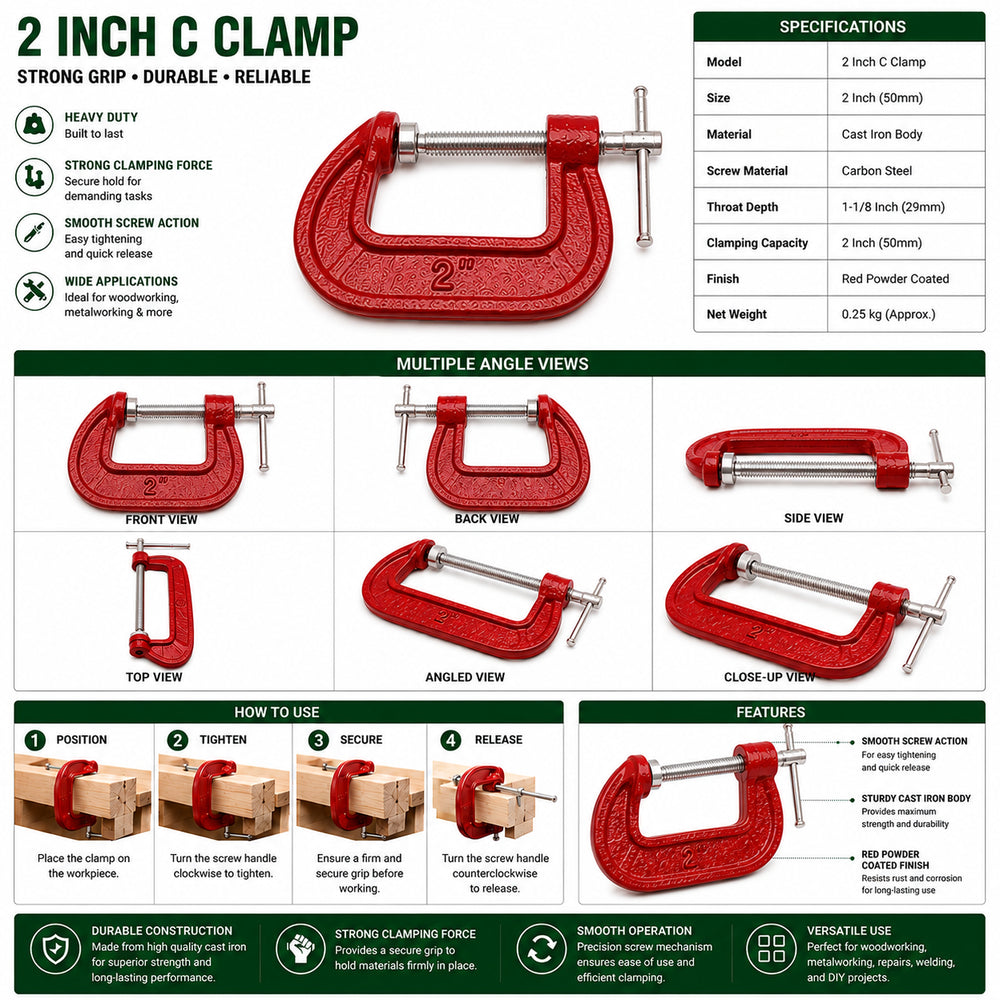 Vomb 2 Inch C-Clamp | Heavy Duty Cast Iron G Clamp for Woodworking & Fabrication