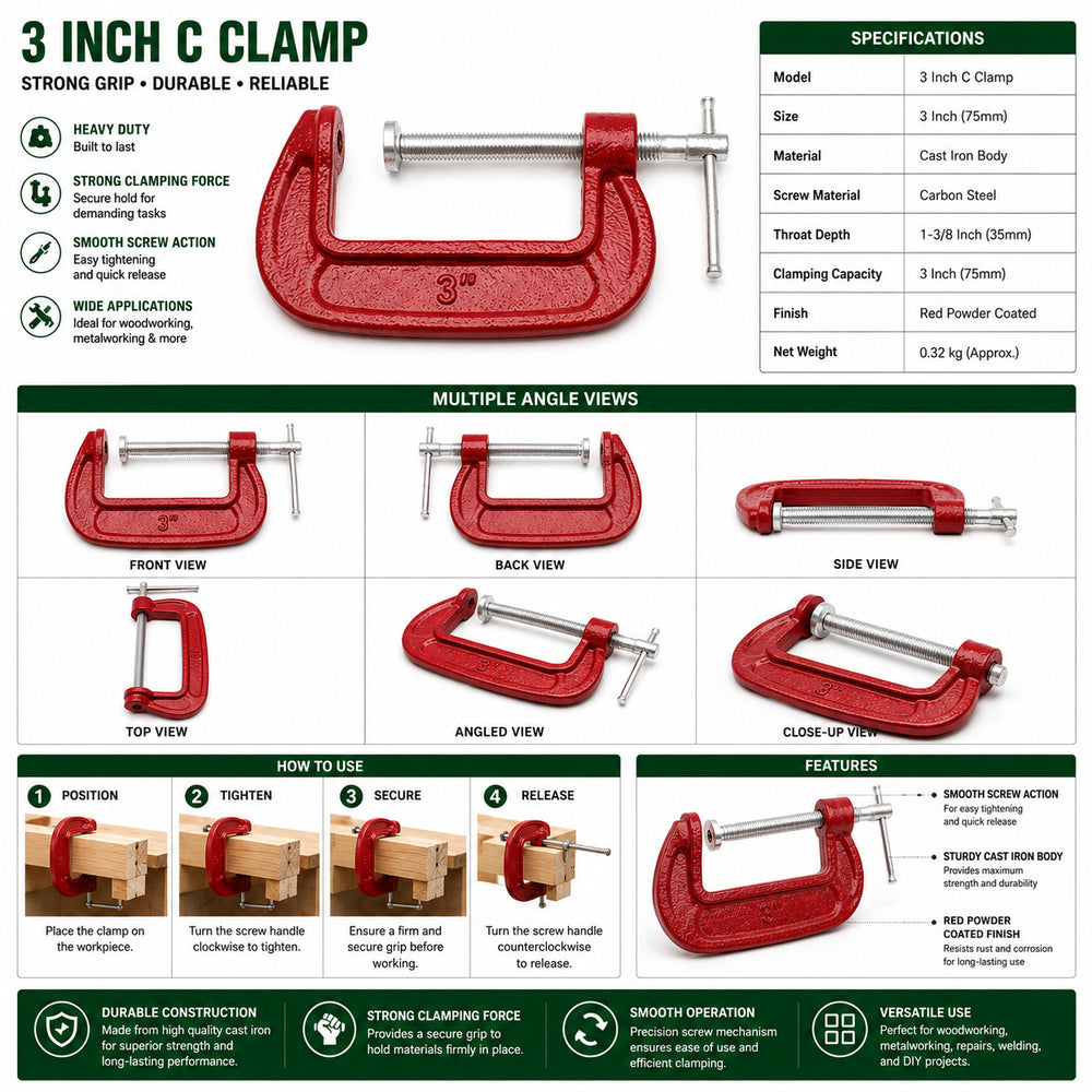 Vomb 3 Inch C-Clamp | Heavy Duty Cast Iron G Clamp for Woodworking & Metalworking