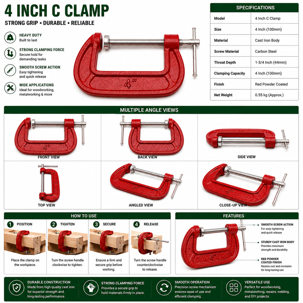 Vomb 4 Inch C-Clamp | Heavy Duty Cast Iron G Clamp for Woodworking & Metal Fabrication