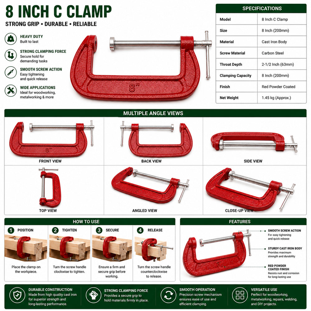 Vomb 8 Inch C-Clamp | Heavy Duty Cast Iron G Clamp for Woodworking & Metal Fabrication
