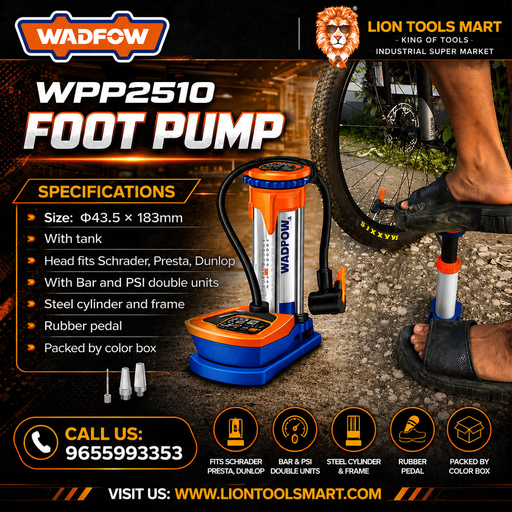 WADFOW WPP2510 Foot Pump with Pressure Gauge | Steel Cylinder Bicycle & Motorcycle Air Pump
