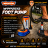 Wadfew WPP2510 foot pump shown in use with a bicycle tire on an outdoor path, with a person's foot and hand visible. The pump has a blue base, orange and silver body, and black hose.