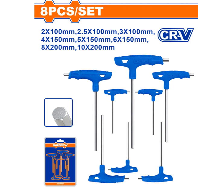 Wadfow 8Pcs T-Handle Hex Wrench Set WHK1481 | Cr-V Heat-Treated Chrome-Plated Metric Allen Key Set for Automotive Repair, Bicycle Maintenance, Furniture Assembly, Machinery & Workshop Applications