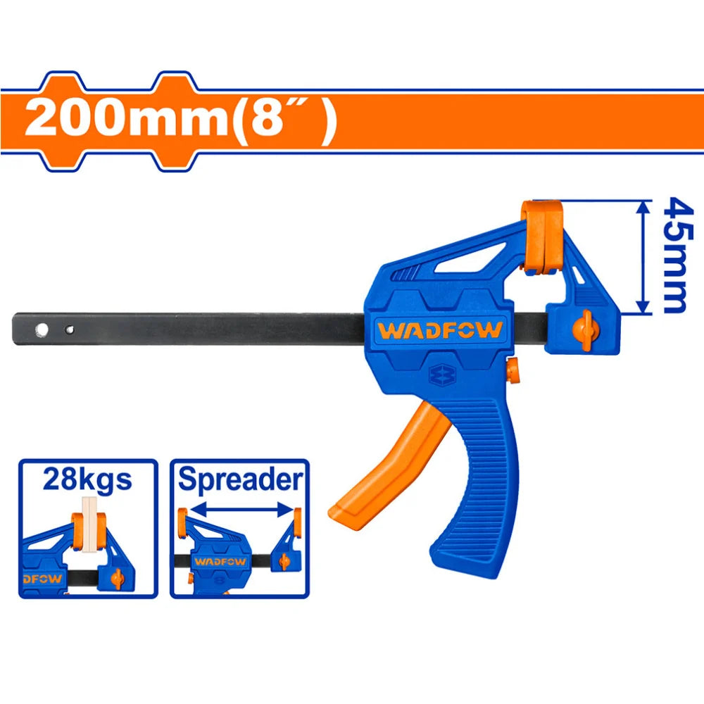 Wadfow 8Inch Quick Bar Clamp WCP4388 | 45x200mm One-Handed Quick Release Clamp with Hard Plastic Body, Black Finished Bar & Soft Non-Marking Pads for Woodworking, Carpentry, Assembly, DIY & Workshop Applications