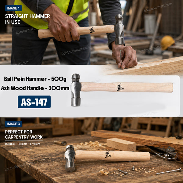 AS 500g Ball Pein Hammer with 300mm Ash Wood Handle AS-147 | Heavy Duty Professional Machinist Hammer