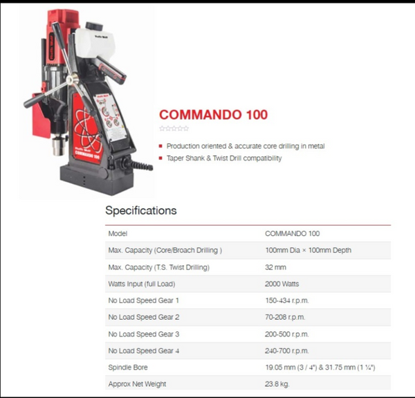 Ralli Wolf Commando 100 New 2000W Magnetic Core Drill Machine with 100mm Drilling Capacity, 20000N Magnetic Adhesion and MT3 Adaptor
