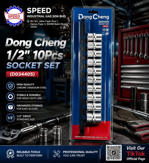 DongCheng HD034405 10-Piece 1/2 Inch Drive Metric Socket Set with 10–24mm CR-V Steel Sockets, Heat-Treated Chrome-Plated Finish and Storage Rail for Automotive Repair and Mechanical Maintenance