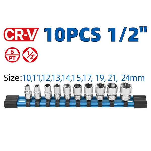 DongCheng HD034405 10-Piece 1/2 Inch Drive Metric Socket Set with 10–24mm CR-V Steel Sockets, Heat-Treated Chrome-Plated Finish and Storage Rail for Automotive Repair and Mechanical Maintenance
