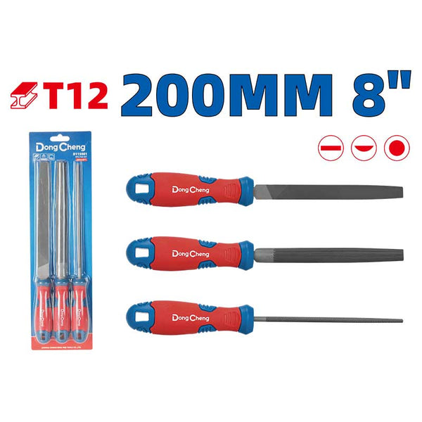 DongCheng HD115901 3-Piece 200mm (8 Inch) T12 Steel File Set with Flat, Round and Half-Round Files for Metal Shaping, Surface Smoothing and Workshop Finishing