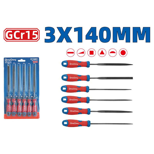 DongCheng HD116001 6-Piece 140mm Needle File Set with Flat, Round, Half-Round, Square, Triangle and Knife Files for Precision Filing and Detailed Finishing