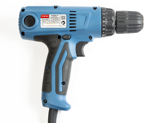DongCheng DJZ08-10 250W electric drill with variable speed control and forward/reverse rotation.