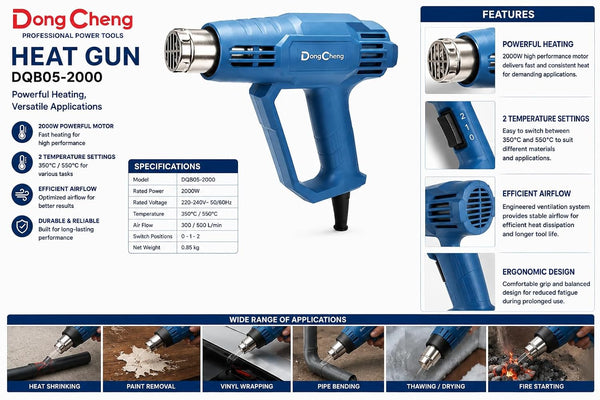 DongCheng DQB05-2000 2000W electric heat gun with three temperature settings and round wind tube nozzle.