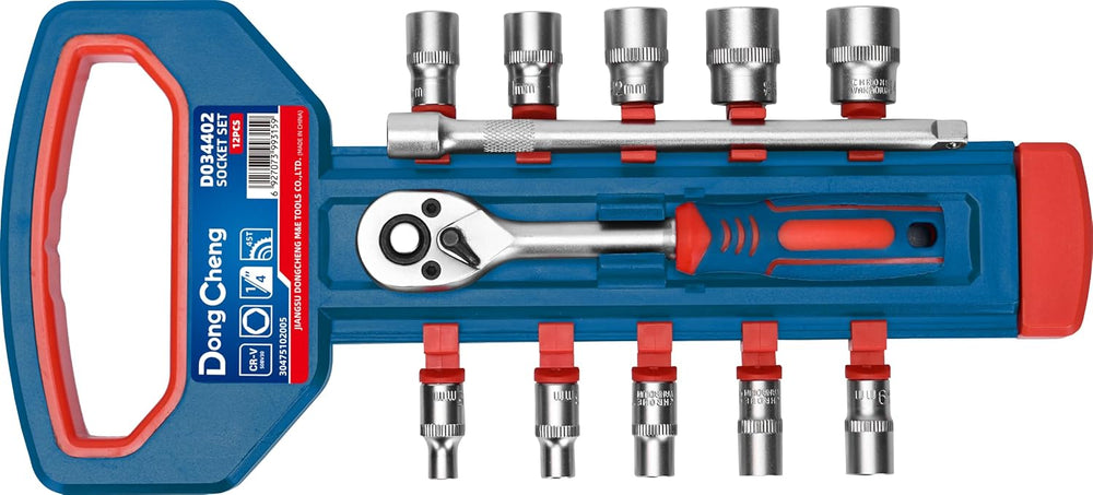 DONGCHENG 12 PCS 1/2" Socket Set (HD034106)-A compact 12-piece CR-V socket set with a quick release ratchet, ready for everyday repairs.