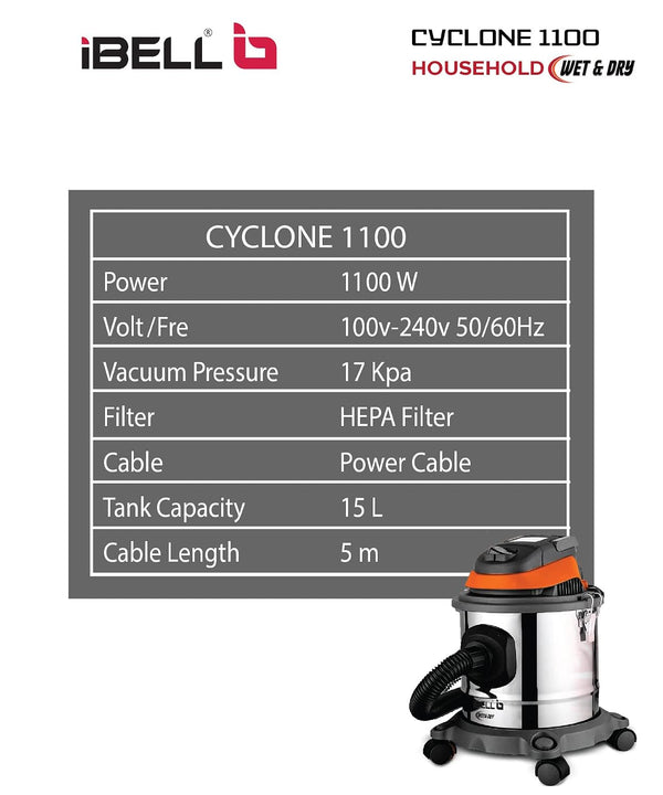 iBELL Cyclone 1100 wet and dry vacuum cleaner with 15L stainless steel barrel