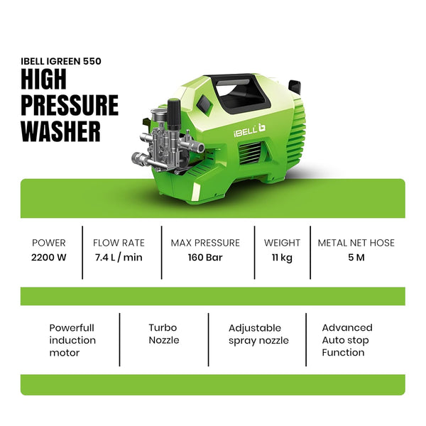 : iBELL iGreen 550 green high-pressure washer with spray gun and metal net hose