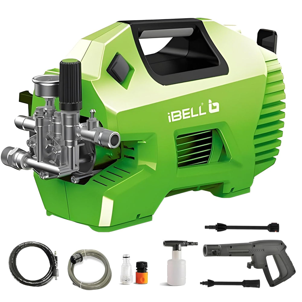 iBELL iGreen 550 High-Pressure Washer, 2200W Induction Motor, 140 Bar Rated / 160 Bar Max, 7.4 L/min, Auto Stop, 5 m Metal Net Hose-A 2200 W induction-motor pressure washer with auto stop, a 5 m metal net hose, and a spray gun with an adjustable nozzle.