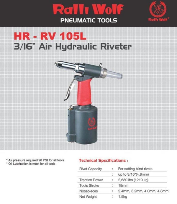 Ralli Wolf HRRV105L Air Hydraulic Riveter with 3/16-Inch Blind Rivet Capacity and 2680 lbs Traction Force.
