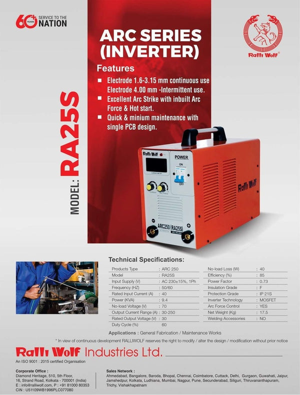 Ralli Wolf RA25S ARC 250 250A MOSFET inverter welding machine with 230V single-phase input for metal fabrication and maintenance applications.