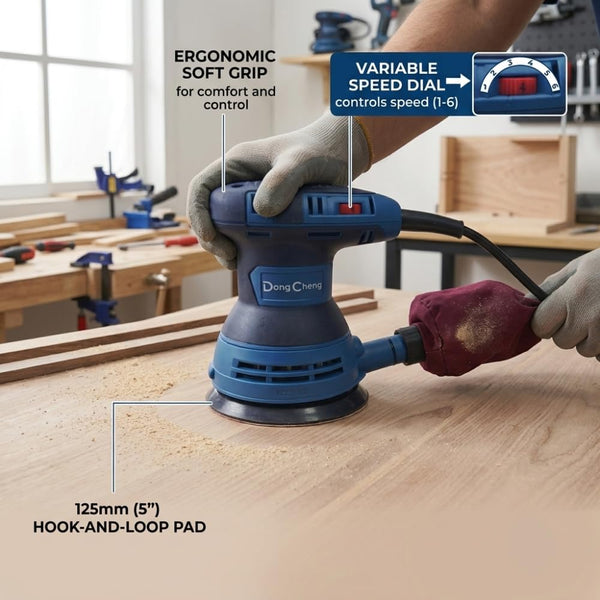 DongCheng DSA125 125mm Random Orbit Sander, 300W, 6-Speed Electronic Control