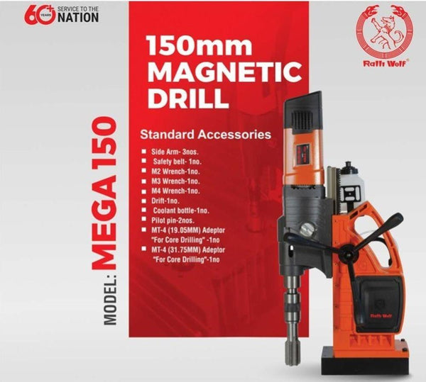 Ralli Wolf MEGA 150 3080W Magnetic Core Drill Machine with 150mm Drilling Capacity, 24500N Magnetic Adhesion and MT4 Adaptor