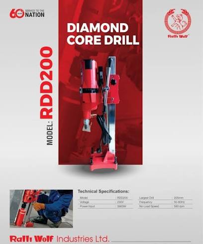 Ralli Wolf RDD200 3900W Diamond Core Drill Machine | 205mm Maximum Drilling Capacity | 580 RPM Heavy-Duty Concrete Core Drilling Machine