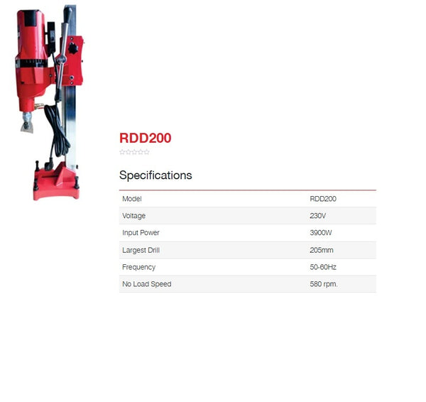Ralli Wolf RDD200 3900W Diamond Core Drill Machine | 205mm Maximum Drilling Capacity | 580 RPM Heavy-Duty Concrete Core Drilling Machine