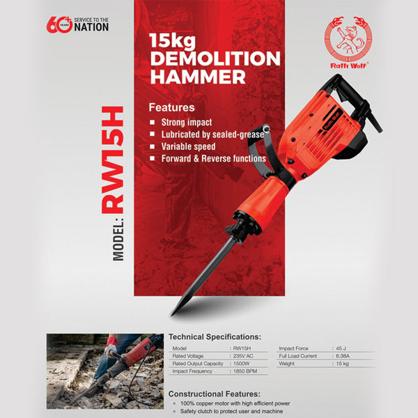 Ralli Wolf RW15H 15Kg Demolition Hammer – 1500W, 45J, 1850 BPM