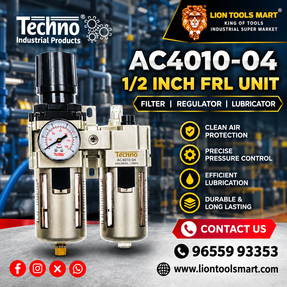 Techno 1/2 Inch FRL Unit AC4010-04 | Filter Regulator Lubricator with Gauge & Metal Guard for Pneumatic Applications