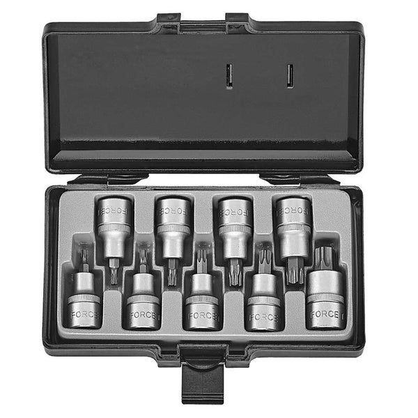A set of nine silver star socket drill bits in descending sizes, arranged in a black plastic case with each bit labeled with its size.