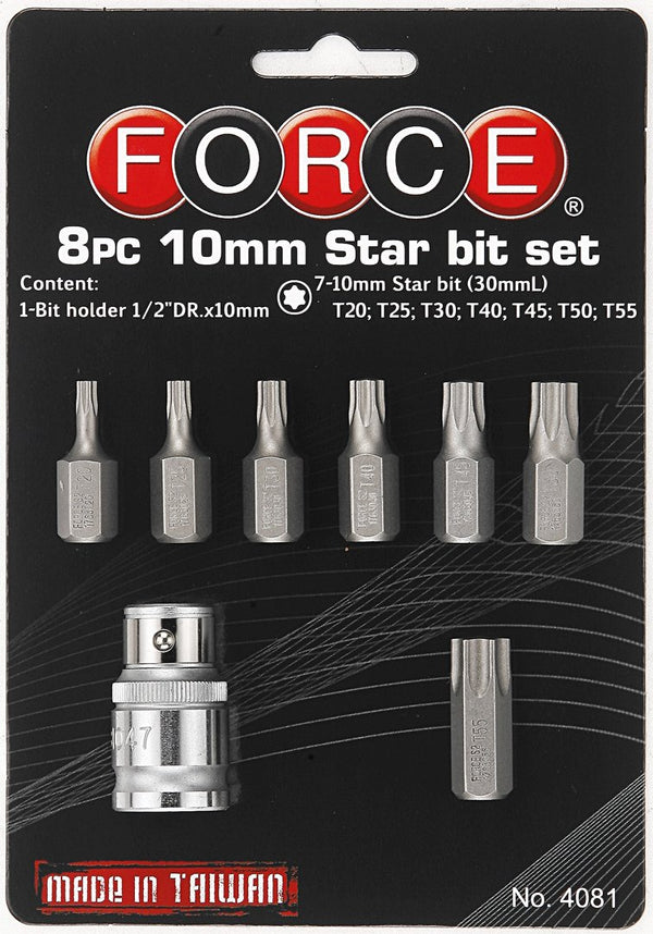 Force 4081 1/2Inch 8Pcs 10mm Torx/Star Bit Set | Professional Socket Bit Kit